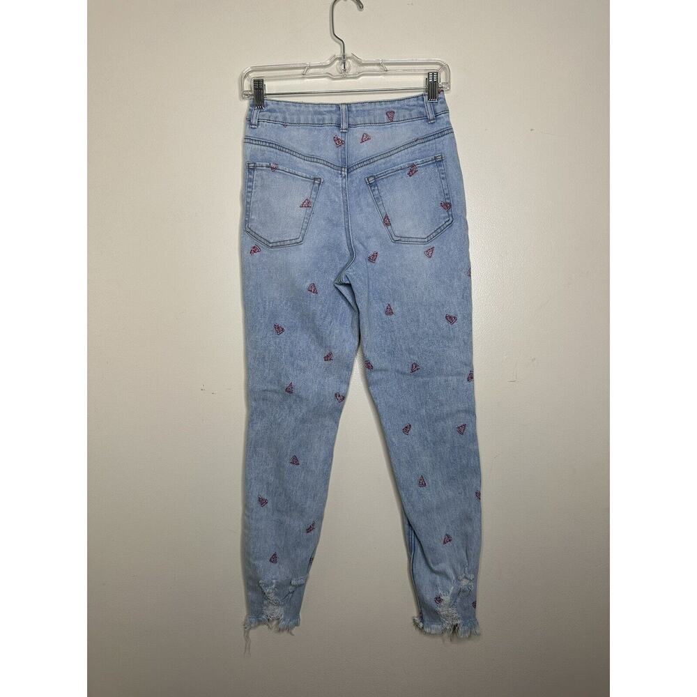 Tinseltown High Rise The Mom Jeans Embroidered Pizza Pattern Distressed Chewed - Picture 5 of 7